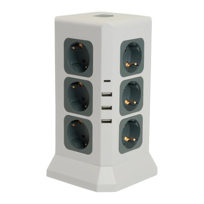 Удлинитель STEKKER 12-местн с/з, 3x1мм2, 1.5м,3520Вт 3USB A + 1C 5V 3,4A, белый, серый Comfort HM10-61-01, 49991