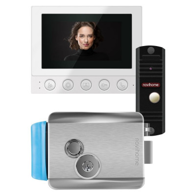 Комплект видеодомофона Novihome для частного дома, дачи SIMPLE 4 KIT PLUS: монитор, вызывная панель со встроенным БУЗ, электромеханический замок 4332