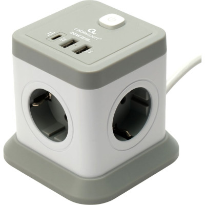Сетевой фильтр Cablexpert Tower 4р, 10А, 1xType-C PD, 20Вт, 2хUSB, 2м, ур.защиты 2+, белый, кор, TWR-4-CU2-W-2