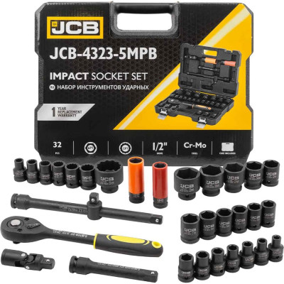 Набор инструментов ударных JCB 32 предмета 1/2( 6-гр: 8-32мм, 12гр: 10,12,14,15,17,19,36мм, Cr-Mo) JCB-4323-5MPB(60553)