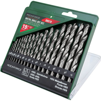 Набор сверл по металлу Rockforce HSS, 19 предметов(1/1.5/2/2.5/3/3.5/4/4.5/5/5.5/6/6.5/7/7.5/8/8.5/9/9.5/10мм), в пластиковом футляре RF-DBS19(29135)