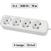 Удлинитель сетевой TDM ELECTRIC с выключателем, 4 розетки, 10 метров, с заземлением, 16 А, 3680 Вт, белый, SQ1303-1429