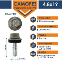 Кровельный саморез Daxmer 4,8x19 RAL 7005 сверло №2, 250 шт 00000329047