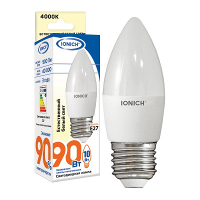 Светодиодная лампа IONICH Свеча ILED-SMD2835-C37-10Вт-900Лм-230В-2700К-E27 1800