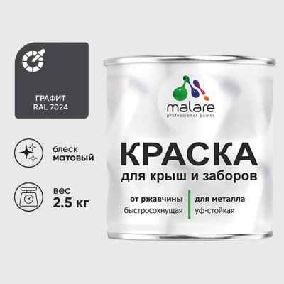 Краска по металлу MALARE для крыш и заборов, по ржавчине, быстросохнущая, износостойкая, матовая, графитово-серый (темный), 2,5 кг КМЗ7024М0250