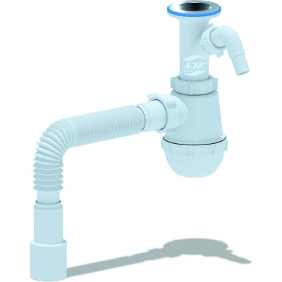 Сифон для умывальника/мойки АНИ Пласт бутылочный, литой выпуск, 1 1/2 дюйма x 40 мм, гофрированный, 40х40/50 мм, отвод, нержавеющая сетка A2015 025-0134