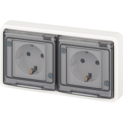 Розетка ЭРА Эксперт 11252401 2x2PE горизонтальная IP55, шторки, 16A, 250В, СУ, белый Б0063254