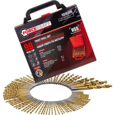Набор сверл по металлу HSS, 99 шт, 1,1.5,2,2.5,3,3.5,4 мм по 10 шт; 4.5,5,5.5,6,6.5 мм по 5 шт; 8,10 мм по 2 шт),в кейсе Forcekraft FK-924U99(51910)