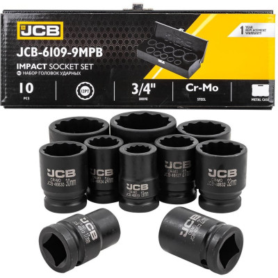 Набор головок ударных JCB 3/4", 10 предметов, 12 граней, 17,19,22,24,27,30,32,36,41,46 мм JCB-6109-9MPB(61733)
