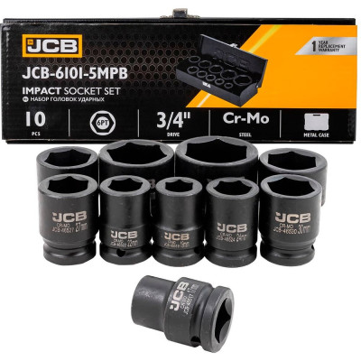 Набор головок ударных JCB 3/4'', 10 предметов, 6 граней, 17,19,22,24,27,30,32,36,41,46 мм, в кейсе JCB-6101-5MPB(61731)
