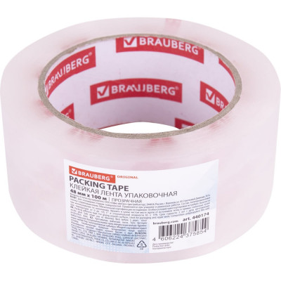 Клейкая лента упаковочная BRAUBERG 48 мм, 100 м, прозрачная, 45 мкм, ORIGINAL 440174