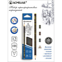 Чернографитный карандаш ACMELIAE 12 шт, HB трехгранный, корпус черный с принтом 43519