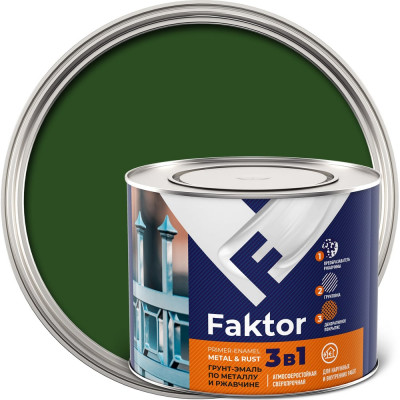 Грунт-эмаль ЯРОСЛАВСКИЕ КРАСКИ FAKTOR на ржавчину 3 в 1, зеленая, банка 1.9 кг 215153