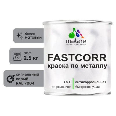 Краска по металлу MALARE FastCorr, краска по ржавчине, антикоррозийная, быстросохнущая, RAL 7004, сигнальный серый, матовая, 2,5 кг КФСТ7004М0250