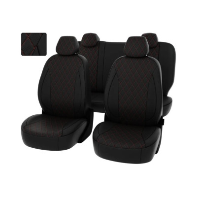 Чехлы PSV Lada Granta I 2011 2018 г Люкс 5 подголовников деленная спинка РОМБ отстрочка красная черная перфорированная экокожа Статус 135883