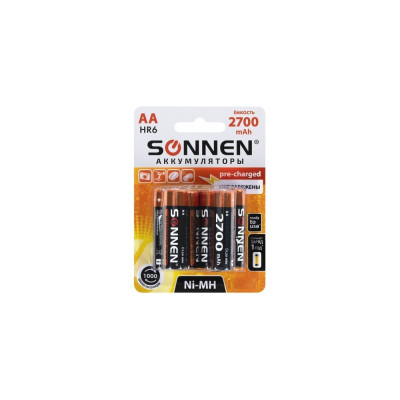 Аккумуляторные батарейки SONNEN комплект 6 шт., AA (hr6), 2700 mah, ni-mh, в блистере, 455608