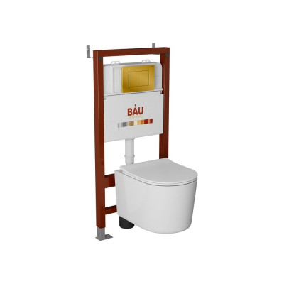 Комплект Bauedge BAU 6 в 1: инсталляция BAU PRO, унитаз подвесной безободковый Bau Hotel PRO, сиденье быстросъемное микролифт, клавиша BAU Stil, золото Q111300-NM0003-PRO-Q00013