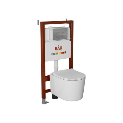 Комплект Bauedge BAU 6 в 1: инсталляция BAU PRO, унитаз подвесной безободковый Bau Hotel PRO, сиденье быстросъемное микролифт, клавиша BAU Dream, хром Q111300-NM0003-PRO-Q00004