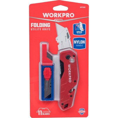 Нож складной быстросменный WORKPRO с нейлоновой рукояткой, 10 трапециевидных лезвий, красный WP211018