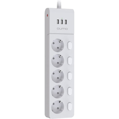 Сетевой фильтр QUMO Power Bar PRO 6SP4U P-0006, 5 независимо отключаемых розеток, 2500 Вт, 10A, кабель 2м 3 мм чистая медь, пожаробезопасный пластик, евровилка, 3 USB порта 3,1A суммарно белый 48580