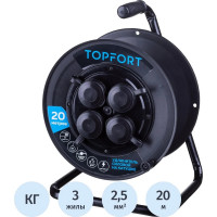 Удлинитель пластиковый Topfort КГ 3x2,5 кв.мм 20м 16А 4 гнезда с/з.,с/загл.,IP44 1959698