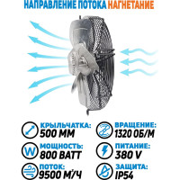 Осевой вентилятор АРКАИМ 500 мм, 380 Вольт. Поток: нагнетание. YWF4D-500В-145/65-G