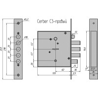Врезной замок CERBER C3 014 правый З ригеля, защелка, задвижка 2170