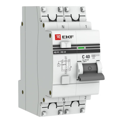 Дифференциальный автомат EKF АД-32 1P+N 40А/30мА (хар. C, AС, электронный, защита 270В) 6кА PROxima DA32-6-40-30-aс-pro