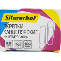 Скрепки Silwerhof 194041 никель, 28 мм, упаковка 100 шт, картонная коробка, 10 шт в упаковке 1206563