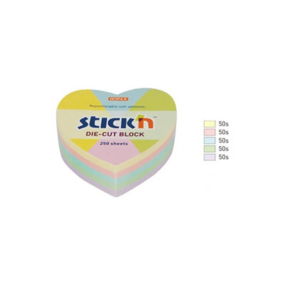 Самоклеящийся бумажный блок STICK`N 21835 64x67 мм, 250 листов, пастель, ассорти, сердце, 18 шт в упаковке 1421627