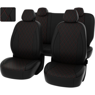 Чехлы PSV Lada Granta I 2011 2018 г Люкс 5 подголовников деленная спинка РОМБ отстрочка красная черная экокожа Статус 135879