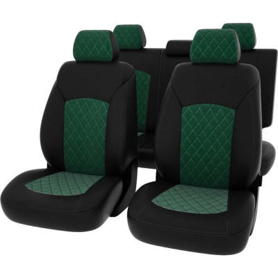 Чехлы PSV Chevrolet Cruze I 2009 2015 г 5 подголовников РОМБ отстрочка черная черная экокожа зеленый велюр 136565