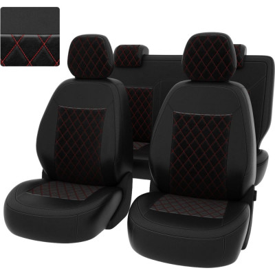 Чехлы PSV Chevrolet Cobalt II 2011 2016 г Ravon R4 2016 РОМБ отстрочка красная черная экокожа черный велюр 136395