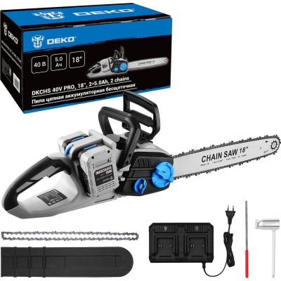Пила цепная аккумуляторная бесщеточная DEKO DKCHS 40V PRO, 18, 2x20В, 2x5.0Ач, двойное з/у с доп. цепью 085-2020