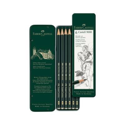 Набор чернографитных карандашей Faber-Castell Castell 9000 6 шт, HB-8B, заточенный, металлическая коробка 119063
