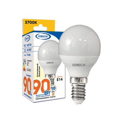 Светодиодная лампа IONICH Шар ILED-SMD2835-P45-10Вт-900Лм-230В-2700К-E14 1804