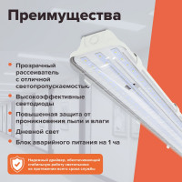 Светильник WOLTA с блоком аварийного питания на 1 час мощностью 54Вт IP65 7000лм 5000К Прозрачный рассеиватель ДСП14-54-042-5К