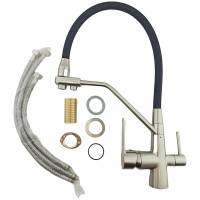 Смеситель для кухни Rainsberg сатин, с силиконовым гибким черным изливом, латунь R603CL-2