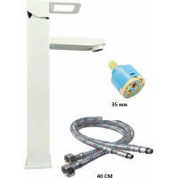 Смеситель для накладной раковины OUTE цвет матовый белый, однорычажное управление, монтаж на одно отверстие, на гайке, гибкая подводка T40201K-1