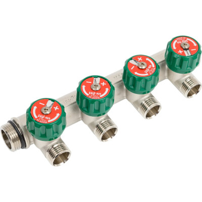 Коллектор Uni-Fitt НВ 3/4", 4х1/2", Н 50 мм с выходами под 90 град, никелированный, с вентилями 410N3240