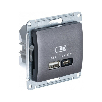 Розетка Systeme Electric Glossa usb a + тип-c 45w высокоскор.заряд. qc, pd, механизм, графит GSL001329