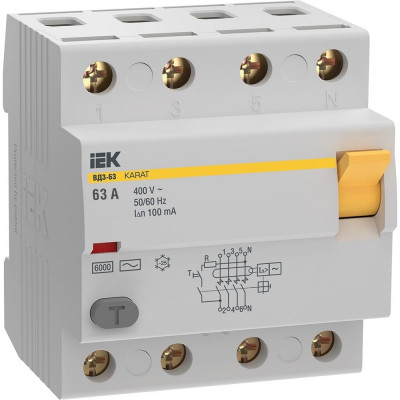 Узо IEK karat вд3-63 4p 63а 100ма 6ка тип ac MDV20-4-063-100