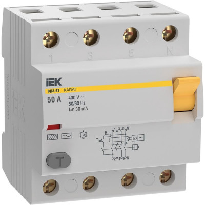 Узо IEK karat вд3-63 4p 50а 30ма 6ка тип ac MDV20-4-050-030