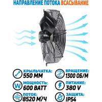 Вентилятор осевой АРКАИМ 550 мм / 380 В, 600 Ватт. Поток: всасывание (от радиатора) YWF4D-550S-137/50-G