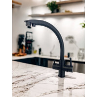 Смеситель для кухни OUTE 340 мм, черный матовый, однорычажный, с отдельным выходом под фильтр, высокий, поворотный излив, на гайке, гибкая подводка 1/2 T60103BK-300