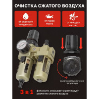 Блок подготовки воздуха фильтр-регулятор+лубрикатор (1/4", 10 Мкм, 1700 л/мин, 0-10 bar, рабочая температура 5-60°) Forcekraft FK-AC3010-02 54388