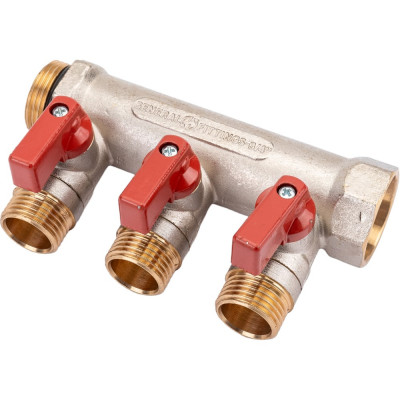 Коллектор с шаровыми кранами STOUT Smb 6210 341203 3/4", 3 отвода 1/2", красные ручки RG0091AACQM2BK
