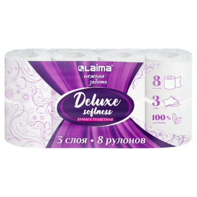 Бумага туалетная LAIMA Deluxe 3 слоя, 8 рулонов (8x16.5 м), 100% целлюлоза 115396