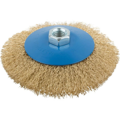 Корщетка, тип "колесо" с наклоном, гайка М14, стальная волнистая латунированная проволока, 125 мм MOS 38928М