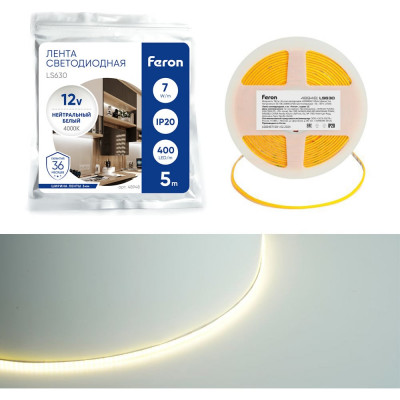 Лента светодиодная FERON 400smd(2110)/ 7вт/м 12v 5000x3х1.8мм 4000k, ip20, ls630 , 48948